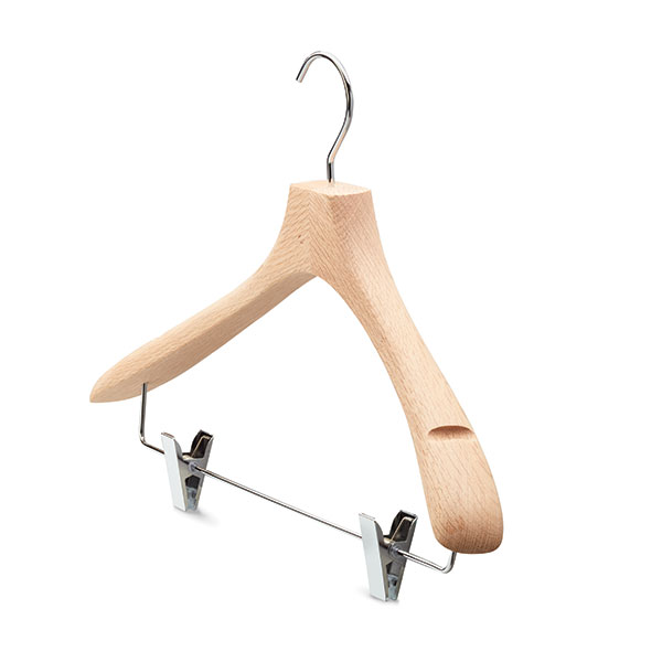 Oak wooden design clothing hanger with metal clips