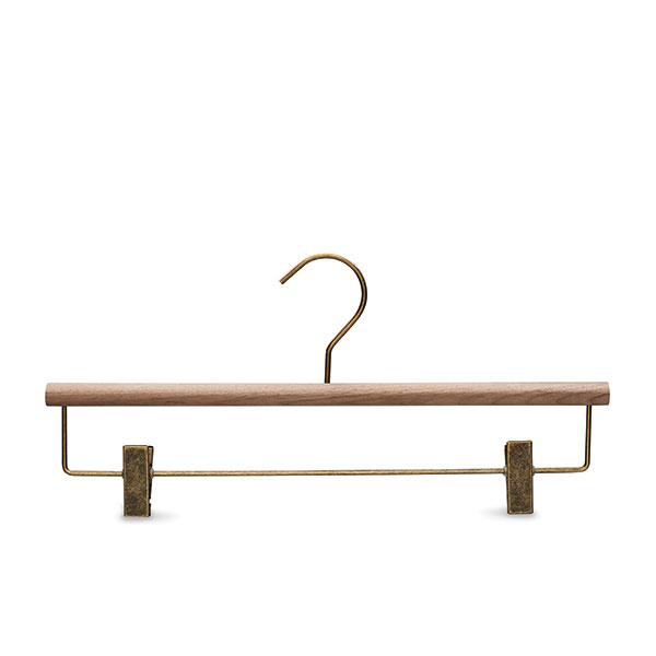 Walnut wooden design clothing hanger with bronse clips