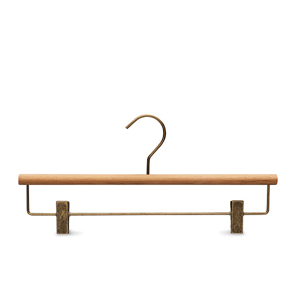 Beech wooden design clothing hanger with bronse clips