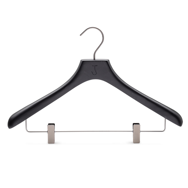 Black wooden clothes hanger with metal hook and trouser bar for retail display - HW009