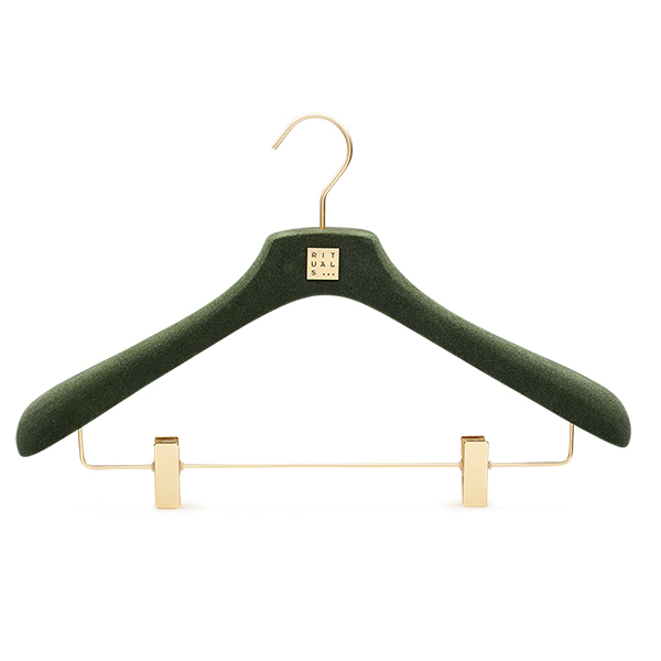 Green velvet clothes hanger with metal hook and trouser bar HW014