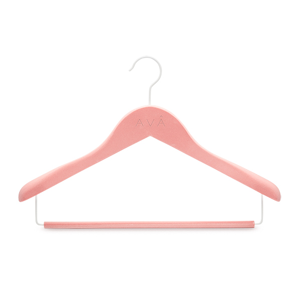 Wooden jacket hanger with bar made from FSC beechwood with velvet finish, powdercoated metal parts and laser logo for AVA Store