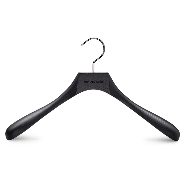 Wooden jacket hanger made from ashwood with painted finish, gunmetal metal parts and laser logo for Michael Kors