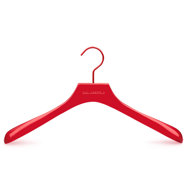 Wooden jacket hanger made from FSC beechwood with gloss painted finish, powdercoated metal parts and laser logo for Karl Lagerfeld